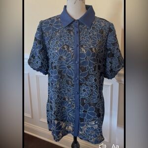 Blue Denim Floral Print on Sheer Black Lace, Button Up Short Sleeves Blouse.